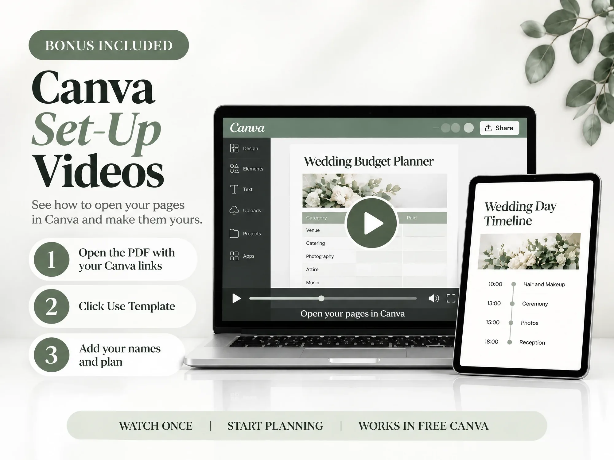 The Canva set-up videos on a laptop and a tablet, with the three set-up steps